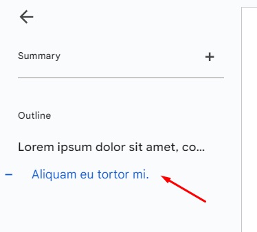 Google Docs outline showing Heading 2 under Heading 1