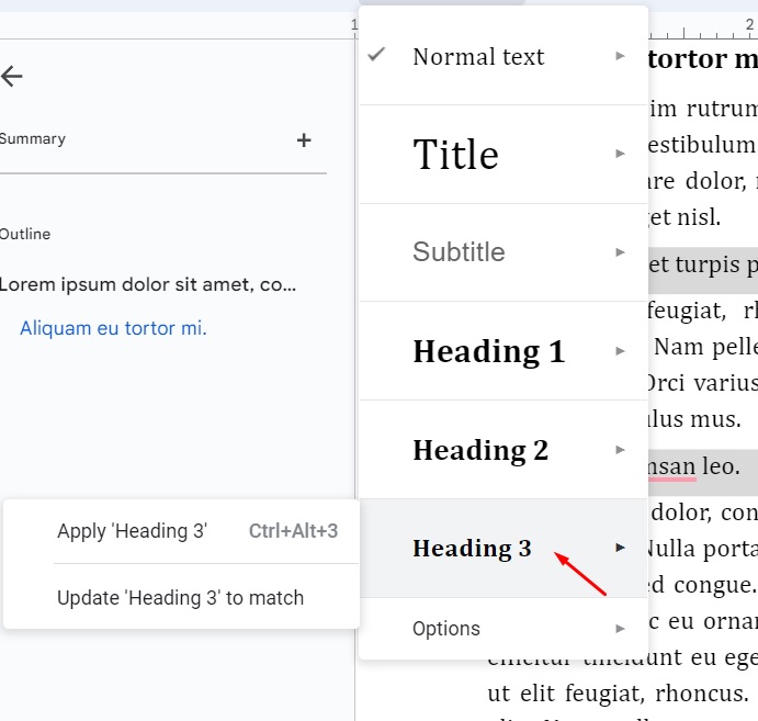 Apply Heading 3 in Google Docs