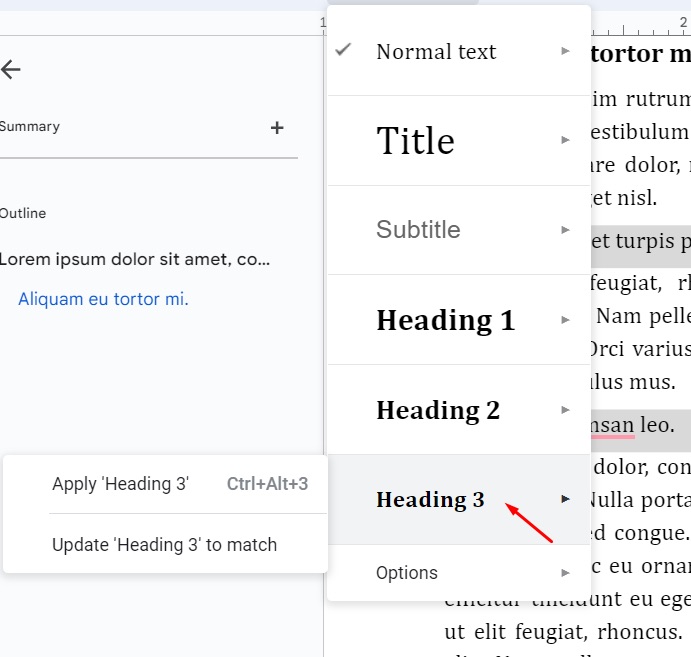Apply Heading 3 in Google Docs