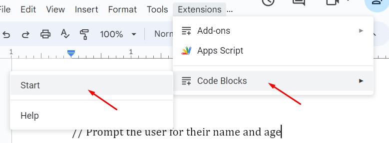 Code blocks menu in Google Docs