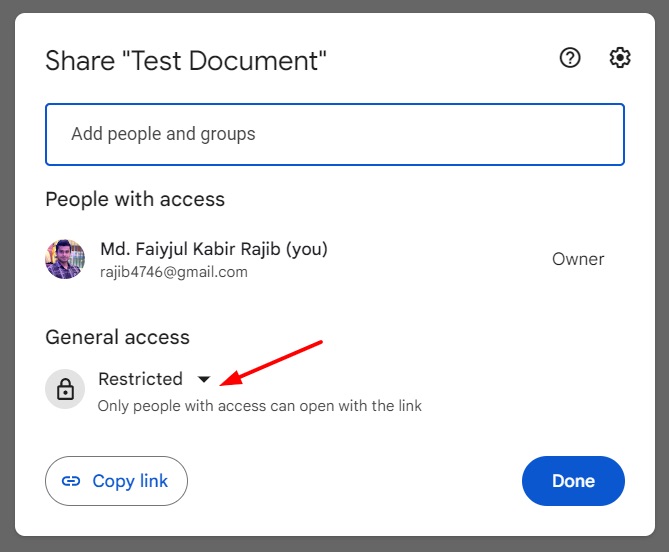 Dialog to change access settings in Google Docs