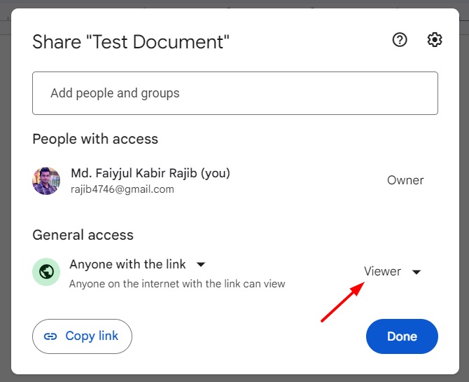 Access level for shared Google Doc