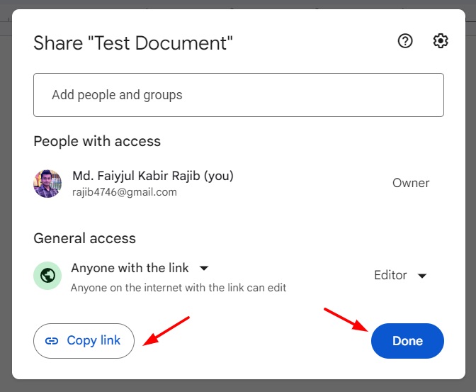 Copy link button for sharing in Google Docs