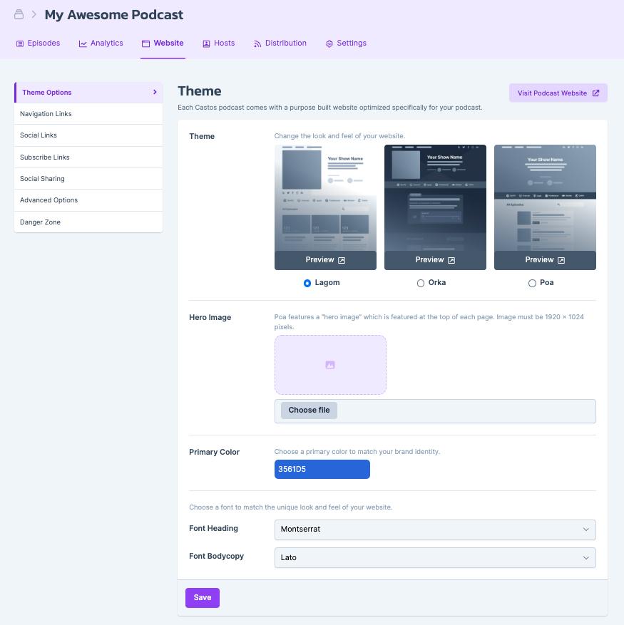 The Castos website builder lets you customize many aspects of your podcast's website design.