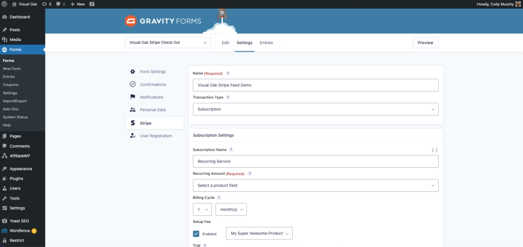 Screenshot showing how to create a recurring Stripe subscription with Gravity Forms