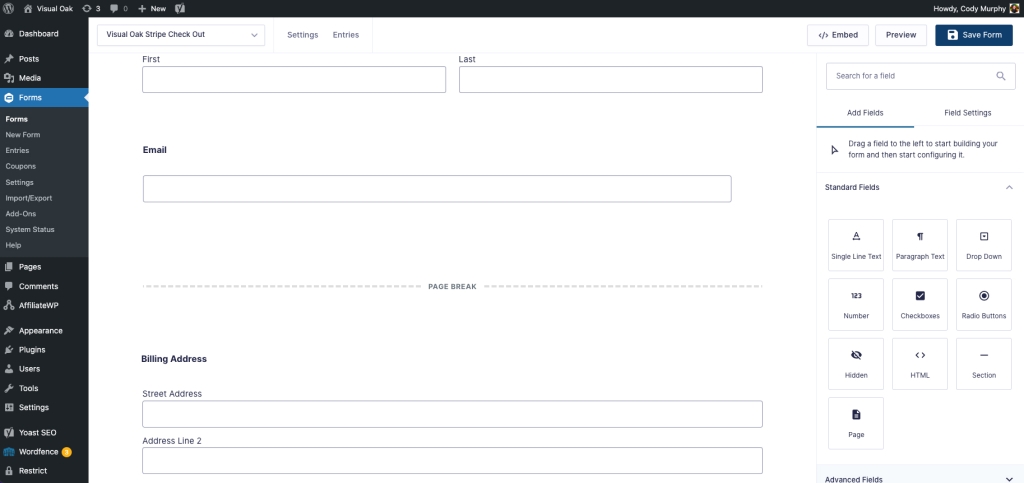 Screenshot showing the drag and drop form builder in Gravity Forms