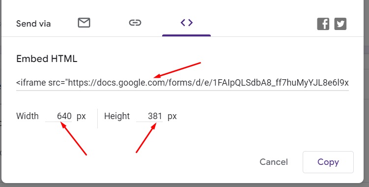 Set width and height of a Google Form iframe