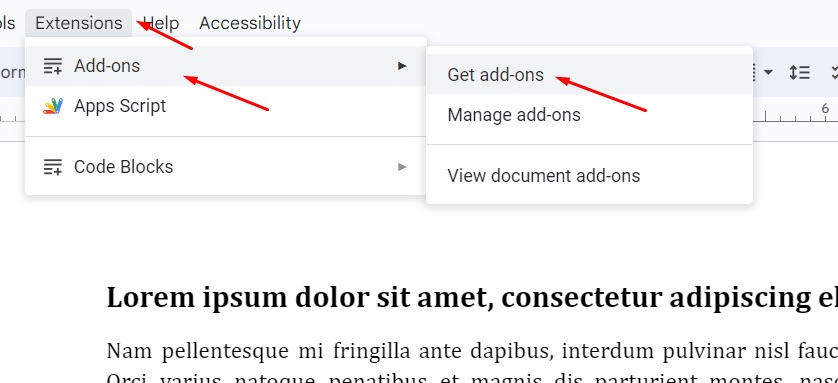 Get add-ons menu in Google Docs