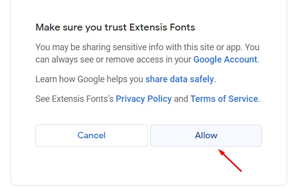 Google Docs trust warning message for installing an extension