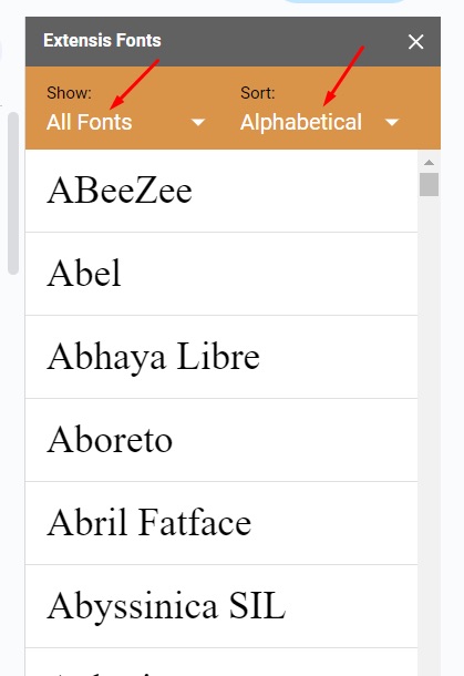 Extensis Fonts menu in Google Docs, showing available fonts