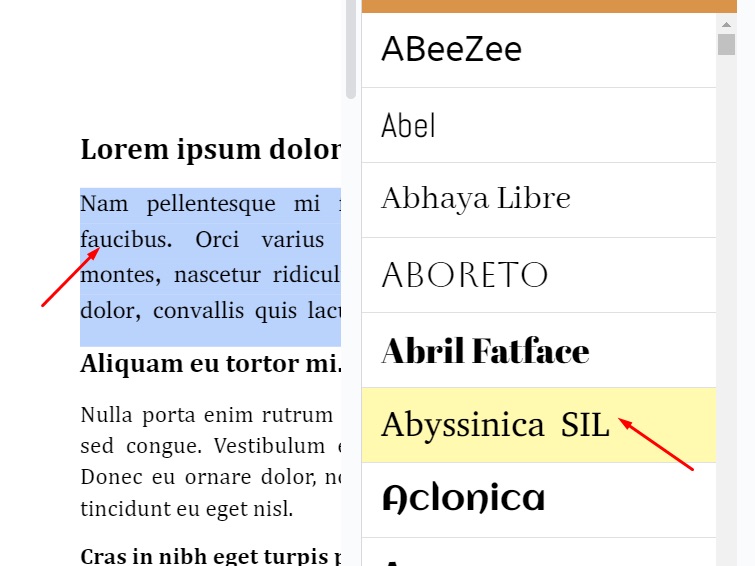 Screenshot showing available fonts with Extensis Fonts installed