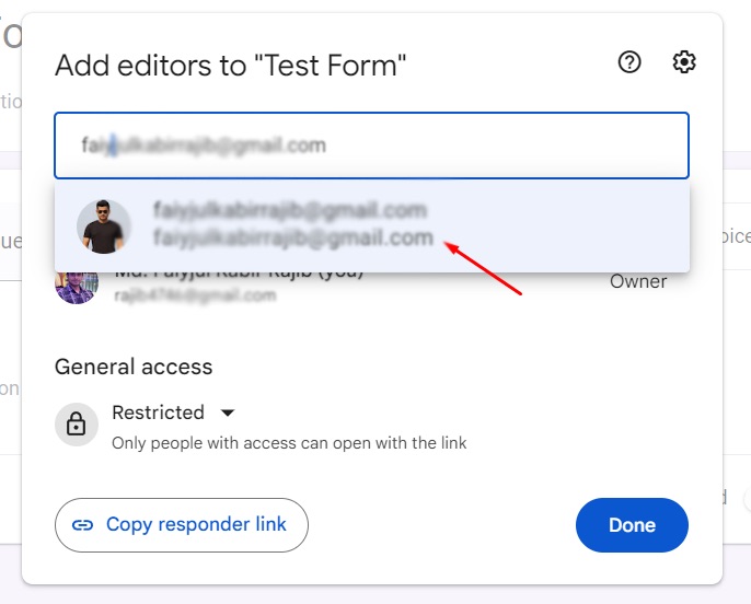 Enter email to invite someone to edit your Google Form