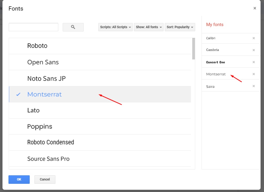 My fonts menu in Google Docs