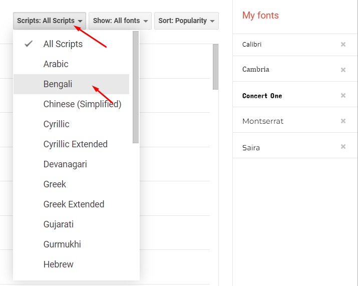Select scripts for font