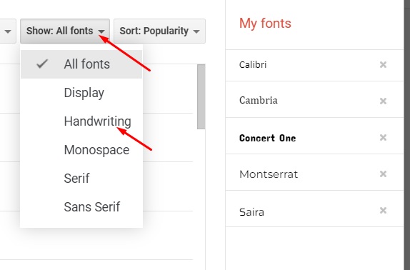 Filter to show different types of fonts