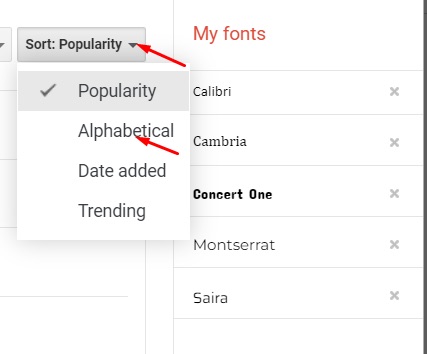 Dropdown to view other popular fonts