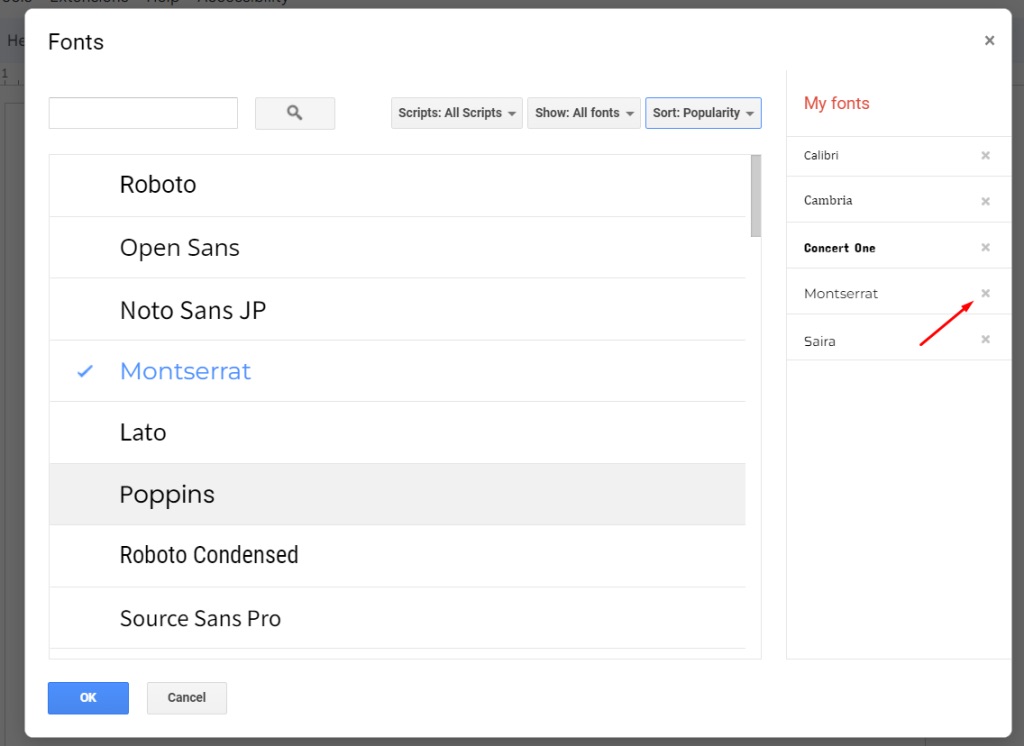 Remove a font from Google Docs