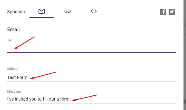 Enter the subject and message to send a form via email