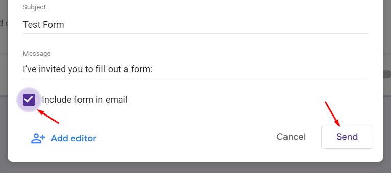 Tick the checkbox to include the form in your email