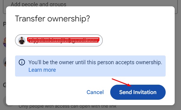 Send invitation to transfer ownership in Google Docs